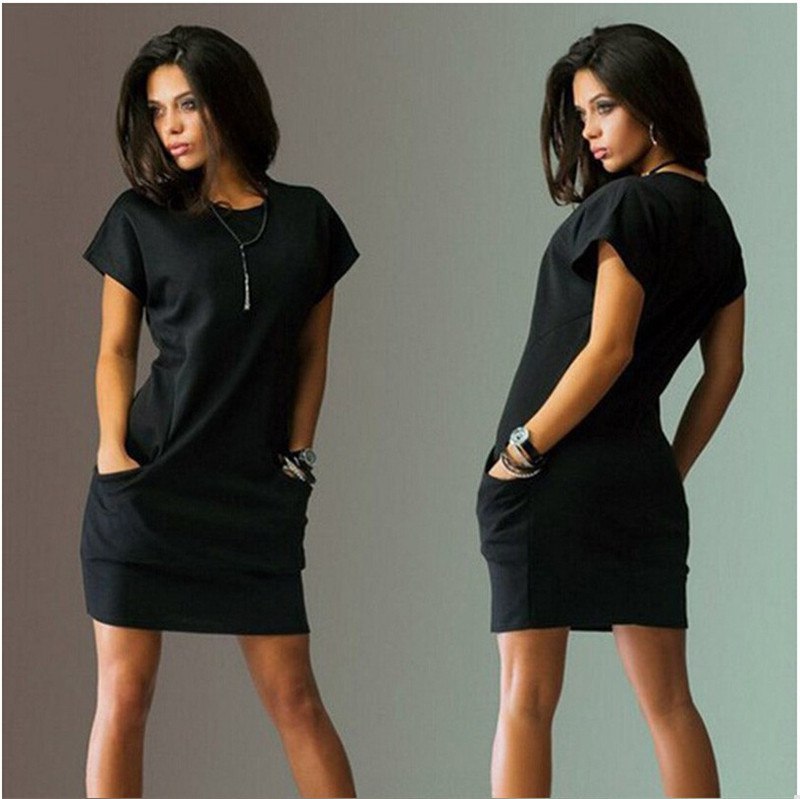 Summer Fashion Women Clothing Casual Short Sleeve O-Neck Black Blue Dresses Slim Pocket Bodycon T Shirt Dress - kinko