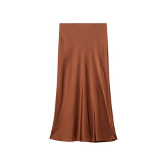 Solid Color Slim Silk Satin Texture Midi Skirt - kinko