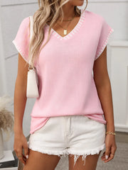 Contrast Trim V-Neck Short Sleeve Knit Top - kinko