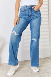 Judy Blue Full Size High Waist Distressed Straight-Leg Jeans - kinko