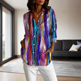 Women's Lapel Collar Printed Long Sleeve Shirt - Vibrant Colorful Pattern Button-Up Blouse Stylish Spring&Summer Vacation Top - kinko