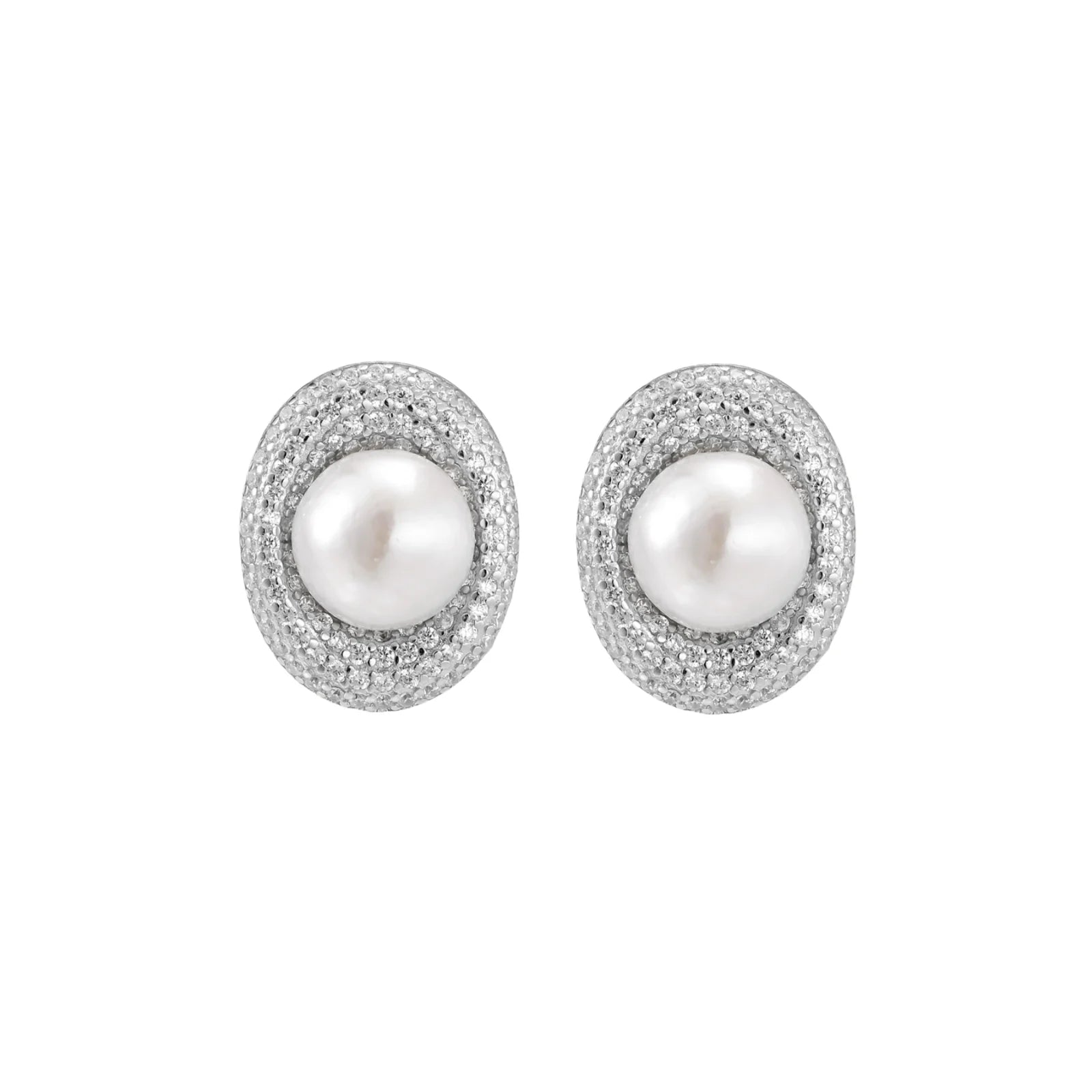 Oval rhodium-plated silver studs featuring freshwater pearls surrounded by pavé crystal halo on white background
