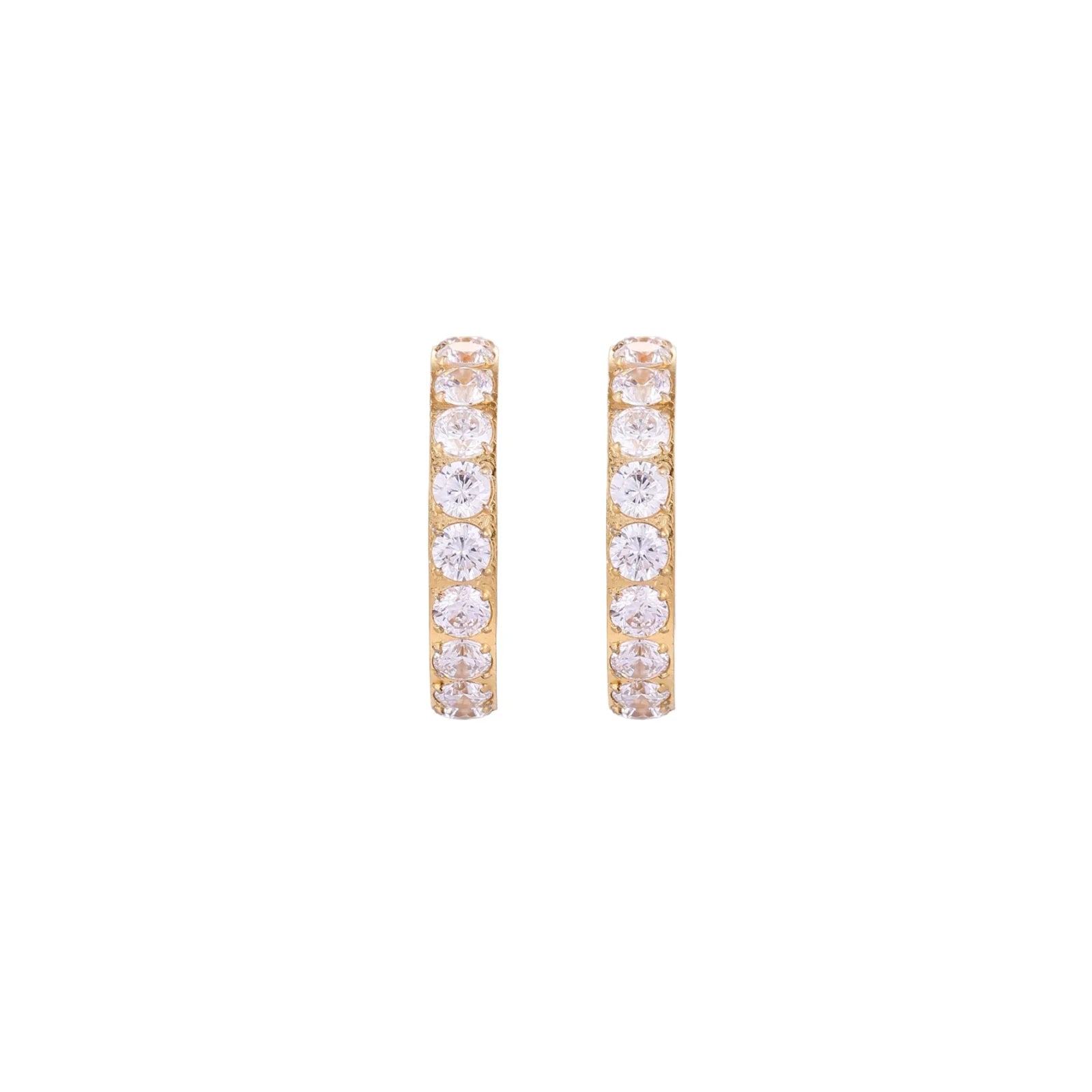 Gold pavé hoop earrings with two freshwater pearls nestled inside the curved design, featuring crystal-studded outer edge.