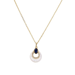 Gold necklace with navy lapis lazuli stone and iridescent mother-of-pearl teardrop pendant with crystal accents