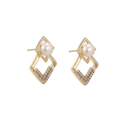 Gold-plated double square frame earrings with freshwater pearl and crystal accents on white background