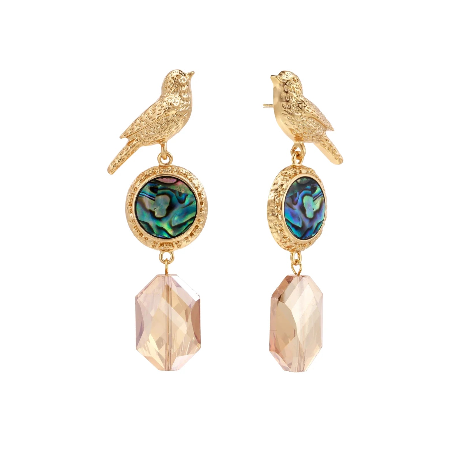 Gold-plated bird stud earrings with iridescent abalone shell medallions and champagne crystal drops on cream background
