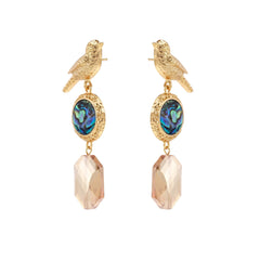 Gold-plated bird stud earrings with iridescent abalone shell medallions and champagne crystal drops on cream background