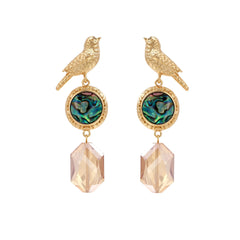 Gold-plated bird stud earrings with iridescent abalone shell medallions and champagne crystal drops on cream background