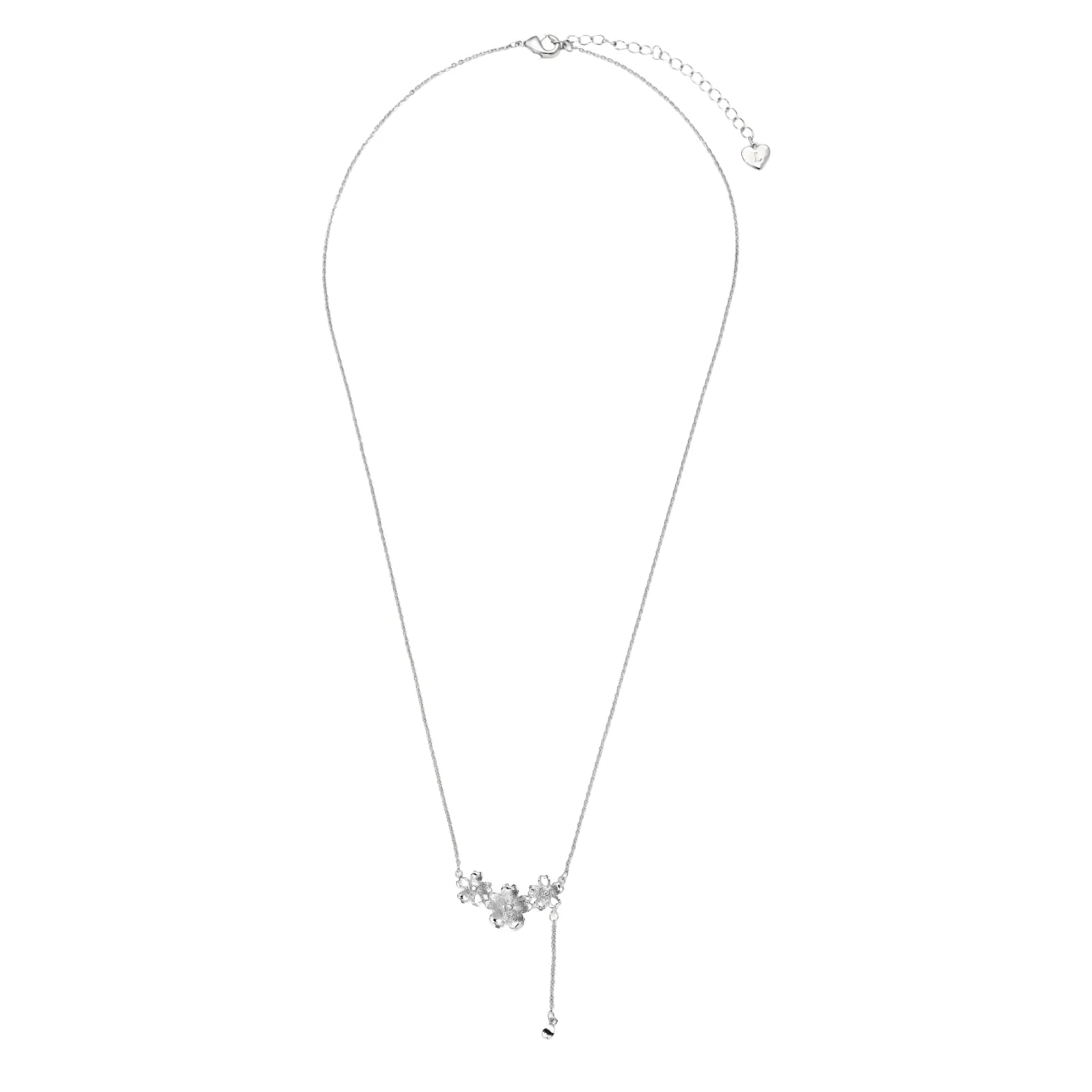 White gold plated Y-shaped necklace with three dimensional flower charms and adjustable drop pendant
