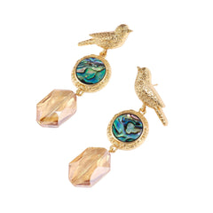 Gold-plated bird stud earrings with iridescent abalone shell medallions and champagne crystal drops on cream background