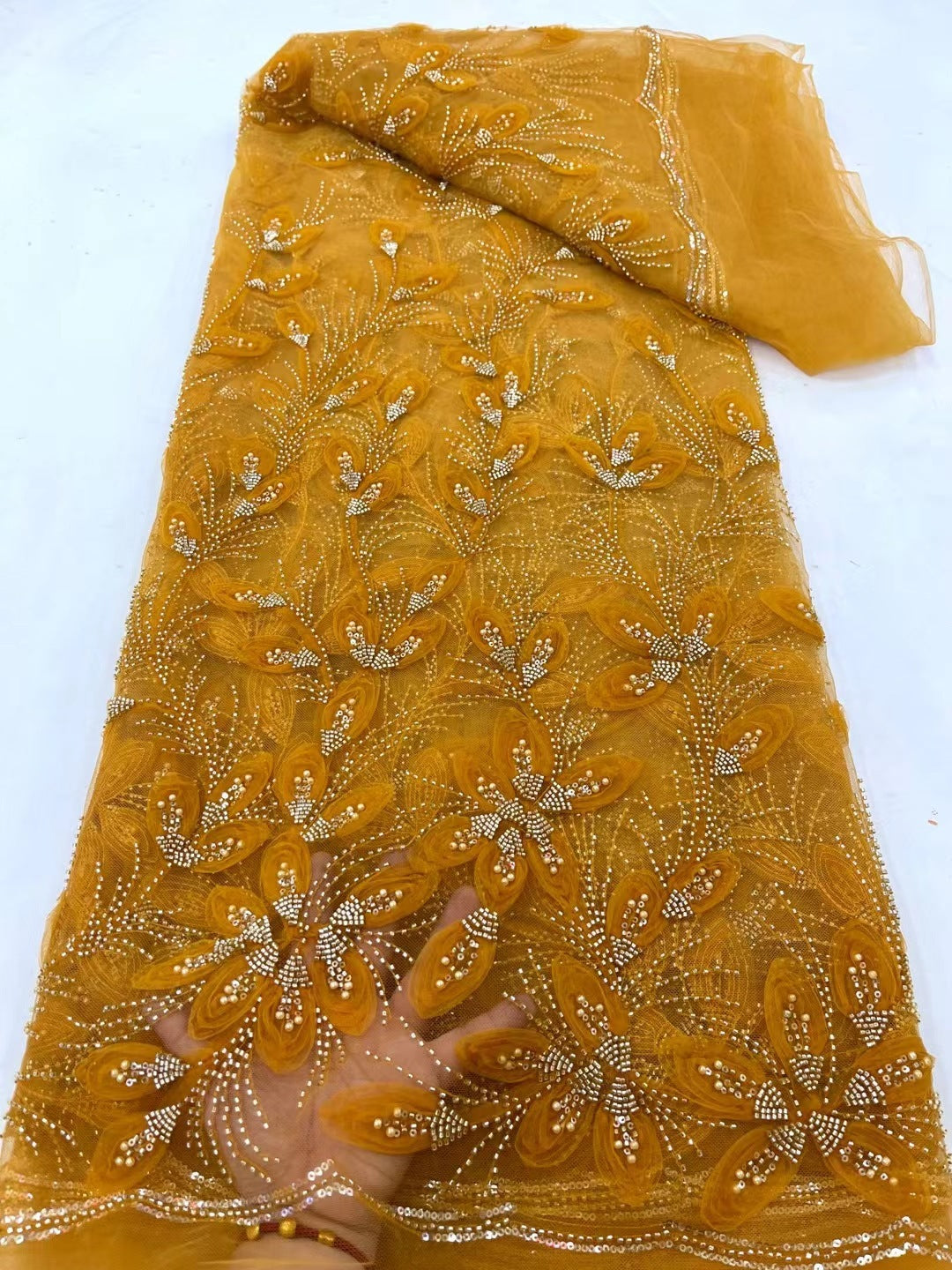 Ribbon Flower Beaded Tulle Lace Fabric Cocktail Party Occasion Evening Dress Embroidered Cloth Lace - kinko