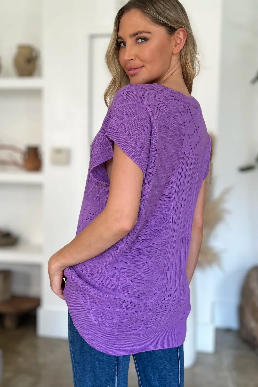 Double Take Full Size Cable-Knit Round Neck Cap Sleeve Sweater - kinko