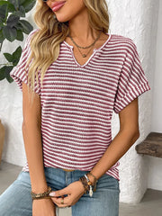 Striped Notched Short Sleeve T-Shirt - kinko