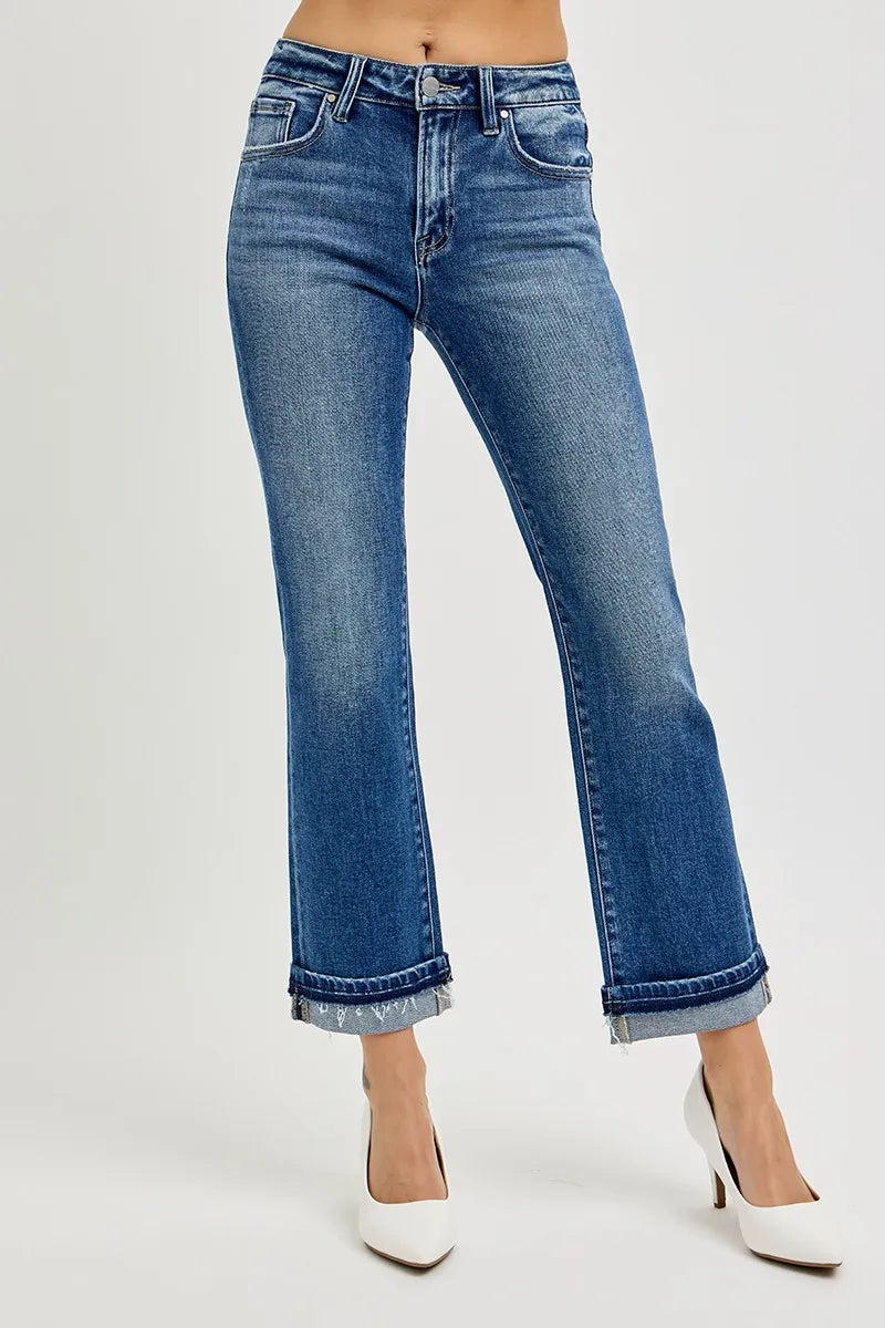 RISEN Mid Rise Ankle Straight Cuffed Jeans - kinko