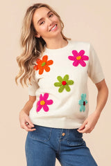 BiBi Crochet Flower Patch Sweater Top - kinko