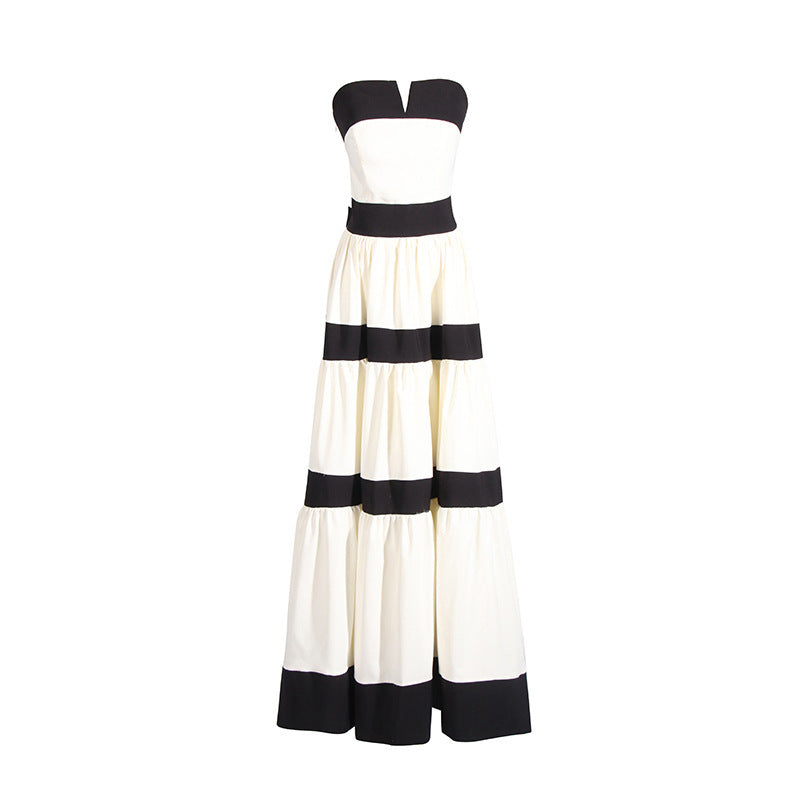Tube Top Contrast Color Striped Bow Decoration Dress - kinko