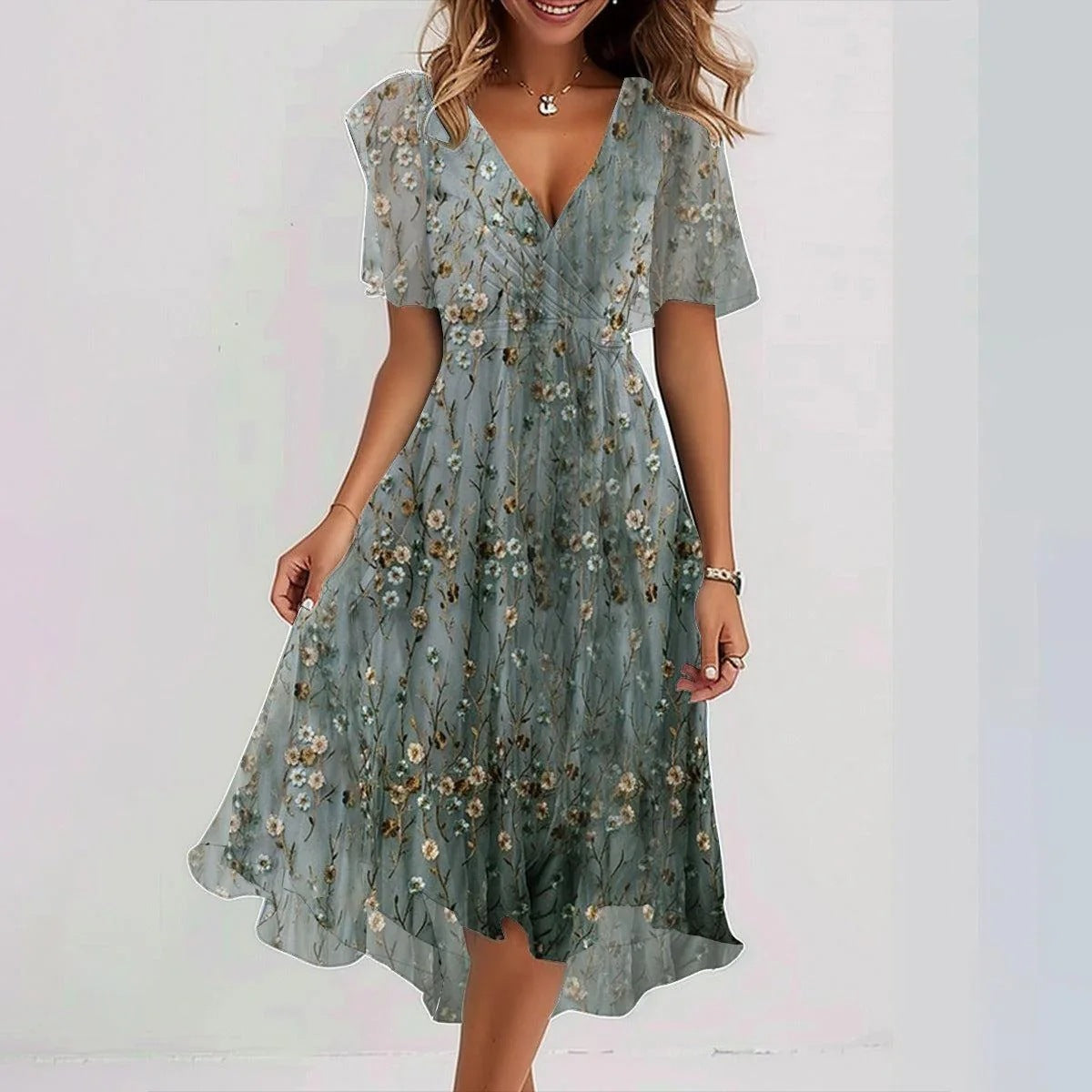 Chiffon Printed Short Sleeve Dress Summer Elegant V-neck Dresses Womens Clothing - kinko