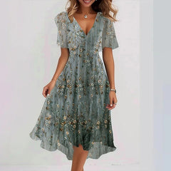 Chiffon Printed Short Sleeve Dress Summer Elegant V-neck Dresses Womens Clothing - kinko