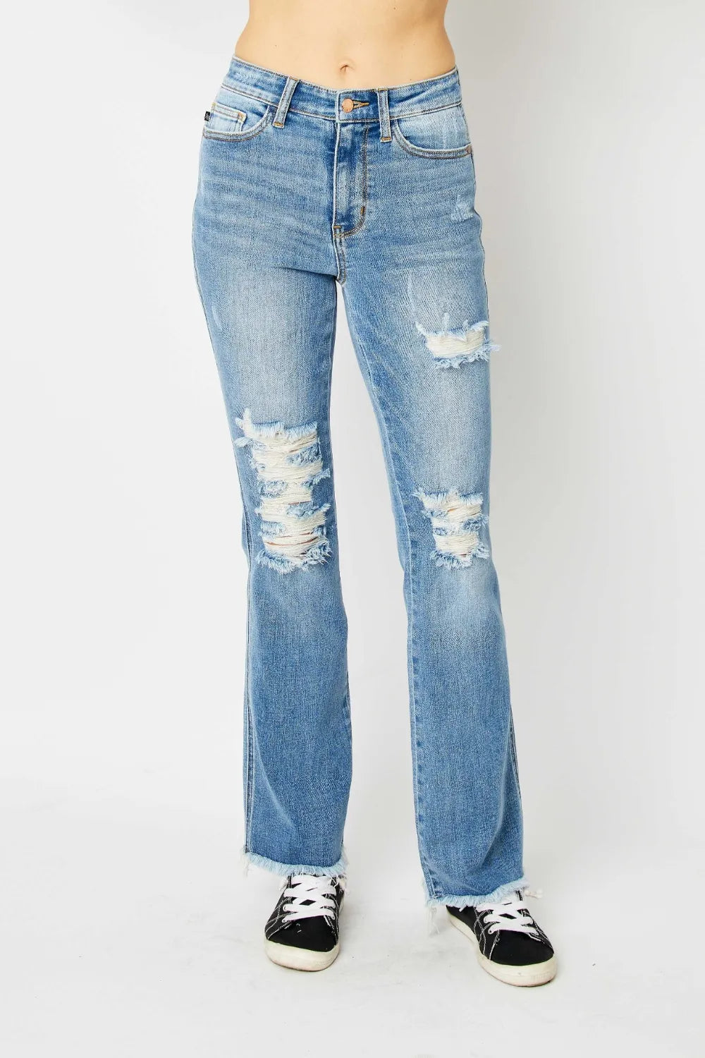 Judy Blue Full Size Distressed Raw Hem Bootcut Jeans - kinko