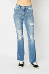 Judy Blue Full Size Distressed Raw Hem Bootcut Jeans - kinko