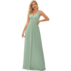 Women's Elegant Graceful Deep V-neck Sleeveless Chiffon Formal Maxi Evening Dress - kinko