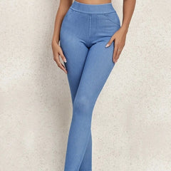 Ladies' Solid Color Denim Printed Tight Leggings, Casual High Waisted Daily Elastic Leggings - kinko