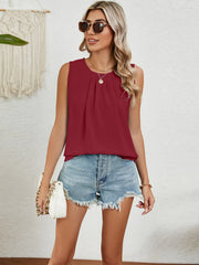 Round Neck Sleeveless Top with Pleated Front Detail - kinko