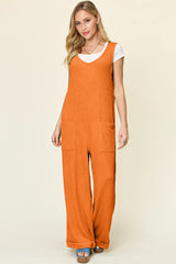 Double Take Full Size Texture Sleeveless Wide Leg Jumpsuit - kinko