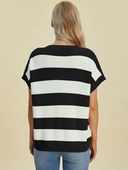 Double Take Full Size Striped V-Neck Short Sleeve Sweater - kinko