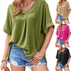 Spring And Summer Solid Color Short Sleeve Loose Blouse - kinko