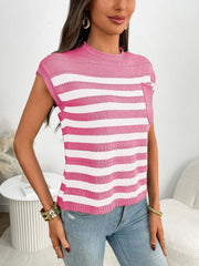 Striped Mock Neck Cap Sleeve Knit Top - kinko