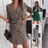 Fashion Printing Plaid Blazer Dress Women - kinko