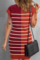 Brown Stripe Color Block Quarter Zip Collar Short Sleeve Sweater Dress - kinko