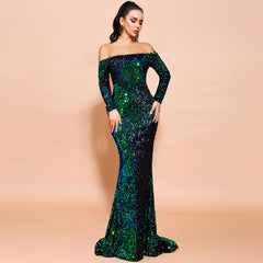 Sexy Strapless Long Sleeve Sequins Party Evening Dress - kinko