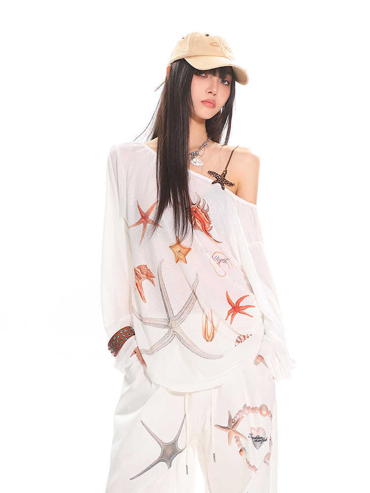 Diagonal Collar Long Sleeve T-shirt Printed See-through Loose Blouse - kinko