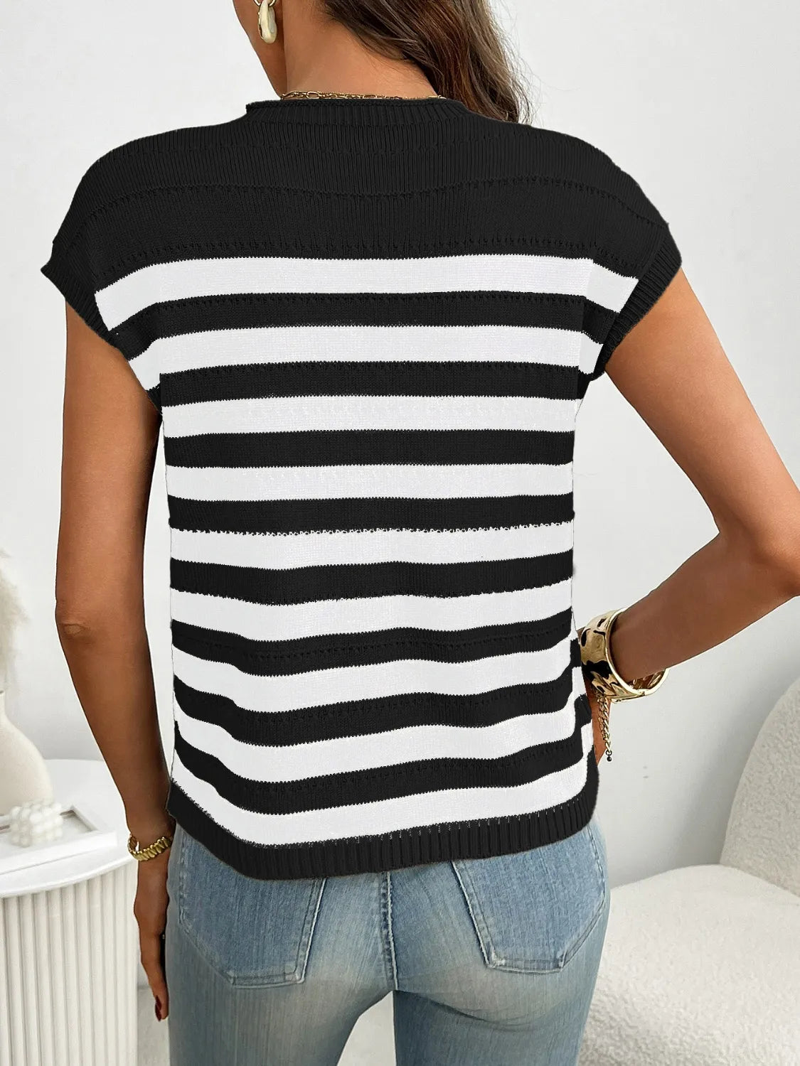 Striped Mock Neck Cap Sleeve Knit Top - kinko