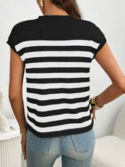 Striped Mock Neck Cap Sleeve Knit Top - kinko