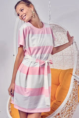 BiBi Tie Front Striped Short Sleeve Dress - kinko