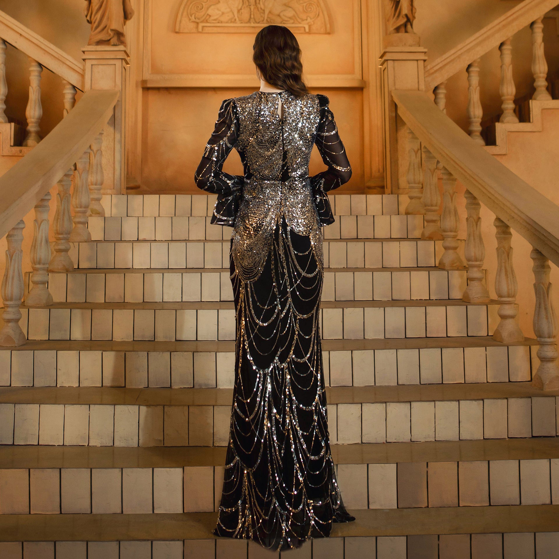 Long Sleeve Round Neck Slim-fit Sheath Sequined Banquet Fishtail Evening Dress - kinko