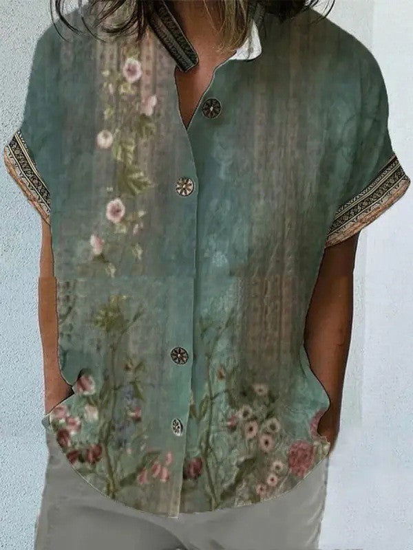 Casual Loose Floral Print Short Sleeve Shirt - kinko