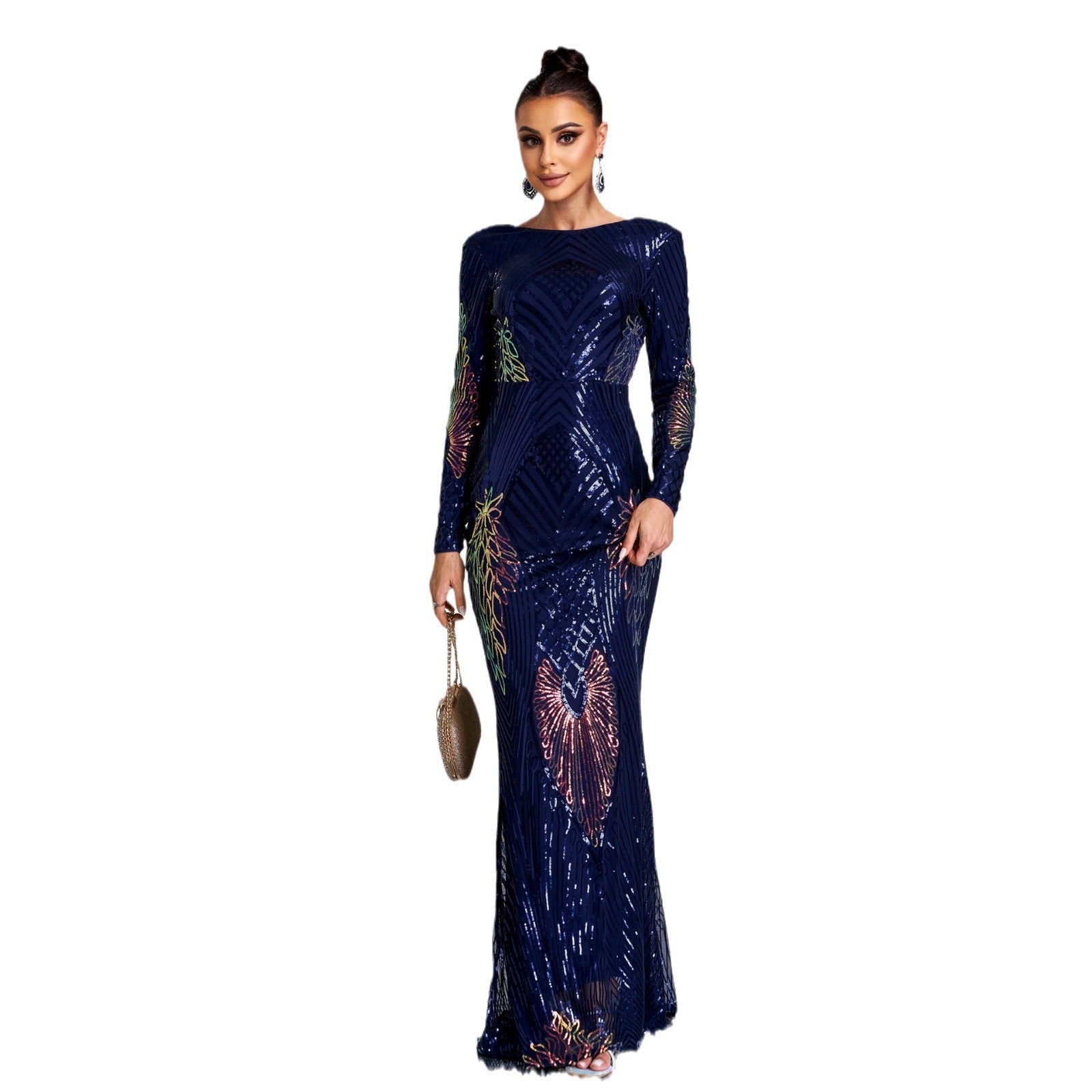 Long Sleeve Temperament Crew Neck Sexy Long Sequined Banquet Evening Dress - kinko