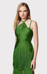 Green Halter Spaghetti Straps Tassel Dinner Ball Dress - kinko