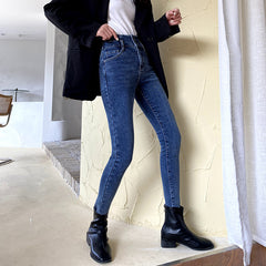 Fleece high waist jeans women's feet fall and winter