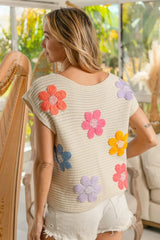 BiBi Multi Jeweled Crochet Flower Patch Sweater Vest - kinko