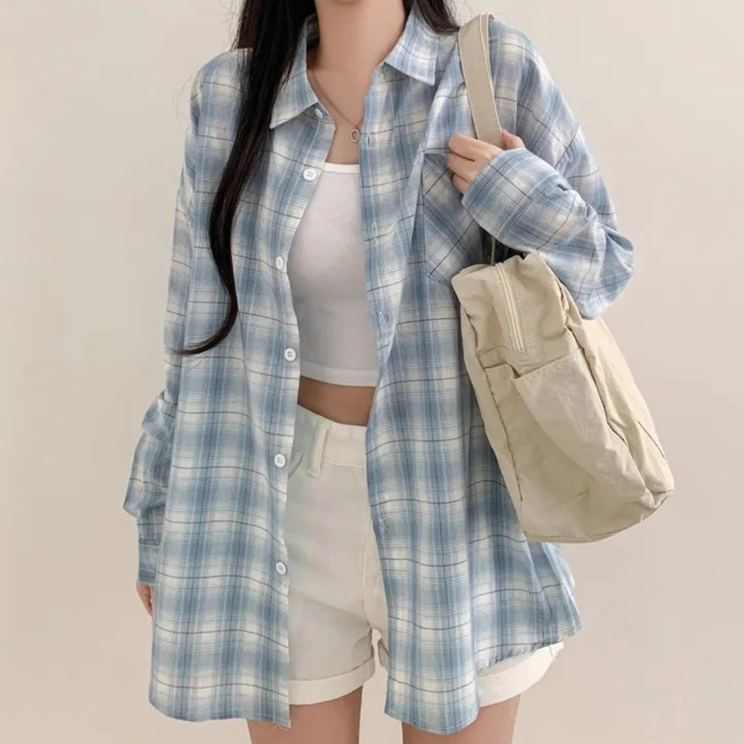 Blue Plaid Shirt For Women Loose Long Sleeve Jacket - kinko