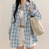 Blue Plaid Shirt For Women Loose Long Sleeve Jacket - kinko