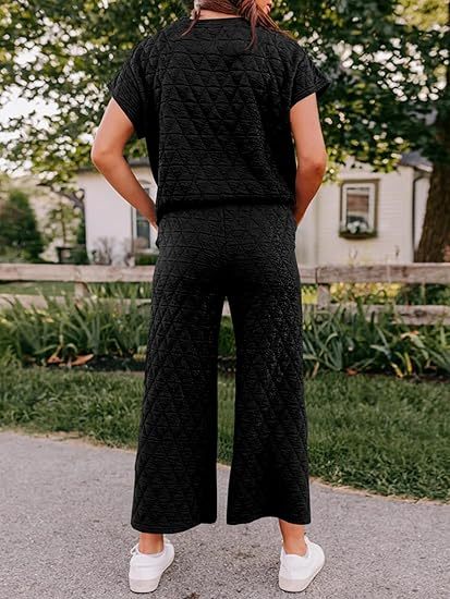 Fazortev Women's 2 Piece Outfits Quilted Lightweight Short Sleeve Tops And Cropped Pants Lounge Set - kinko
