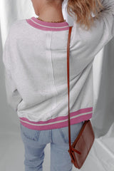 Gray Flower Patch Contrast Trim Crew Neck Sweatshirt - kinko