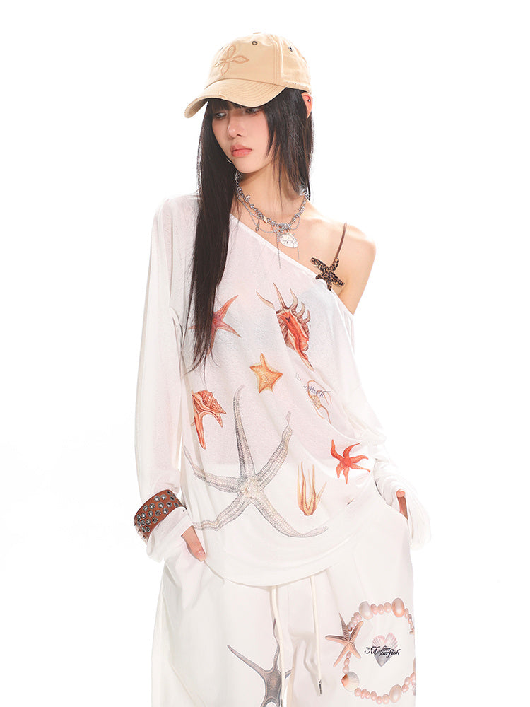 Diagonal Collar Long Sleeve T-shirt Printed See-through Loose Blouse - kinko