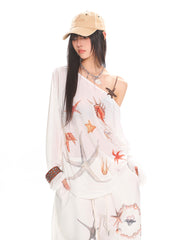 Diagonal Collar Long Sleeve T-shirt Printed See-through Loose Blouse - kinko